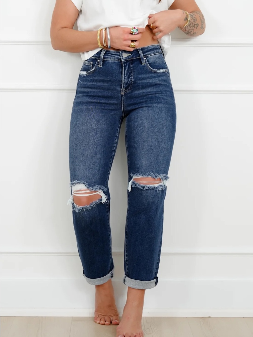Risen High Rise Dark Wash Tummy Control Distressed Girlfriend Jeans